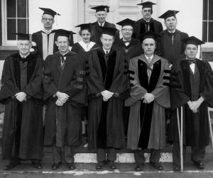 Dean Margaret Tyson with the other University deans on Founder's Day, 1959.	Eleanor Crowder Bjoring Center for Nursing Historical Inquiry, University of Virginia School of Nursing. Ralph Thompson, Photographer.