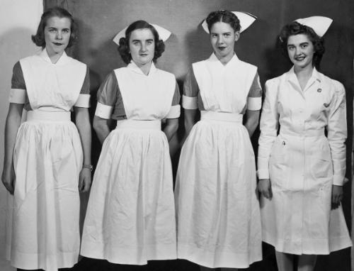 Four levels of students in 1944: probationary, second-year, third-year, and graduate nurse.	Eleanor Crowder Bjoring Center for Nursing Historical Inquiry, University of Virginia School of Nursing. 
	
