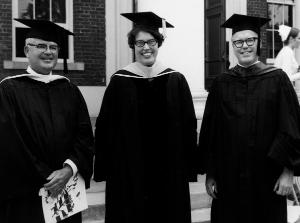 Mary M. Lohr, EdD, RN, dean from 1966-1972, at the 1968 diploma class graduation with Hospital Director John M. Stacey (left) and John Harlan, assistant vice president for Allied Health Affairs (right).	Eleanor Crowder Bjoring Center for Nursing Historical Inquiry, University of Virginia School of Nursing.