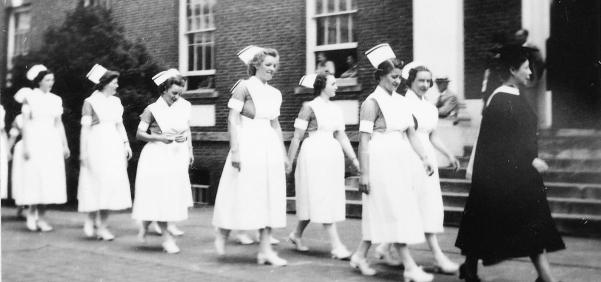 Superintendent Wangen leads the graduating students of 1939 to commencement. Ruth Repass Shaver Collection.   Eleanor Crowder Bjoring Center for Nursing Historical Inquiry, University of Virginia School of Nursing.
	