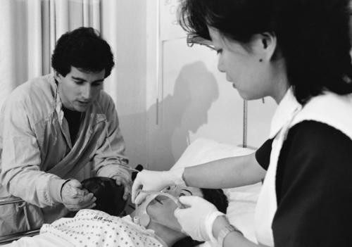 1980s undergraduate students practice clinical skills on a mannequin.	Eleanor Crowder Bjoring Center for Nursing Historical Inquiry, University of Virginia School of Nursing.