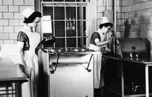 Student nurses in the hospital's new west addition kitchen, c. 1942.	Practical nursing students, Albert and Shirley Small Special Collections Library, University of Virginia.
	