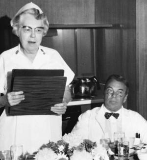 Roy Beazley, shown here with Thomas Hunter, professor of medicine and chancellor for Medical Affairs, at her 1969 farewell luncheon. Miss Beazley ended a distinguished U.Va. career by being named professor emeritus.	Eleanor Crowder Bjoring Center for Nursing Historical Inquiry, University of Virginia School of Nursing. Ralph Thompson, Photographer.