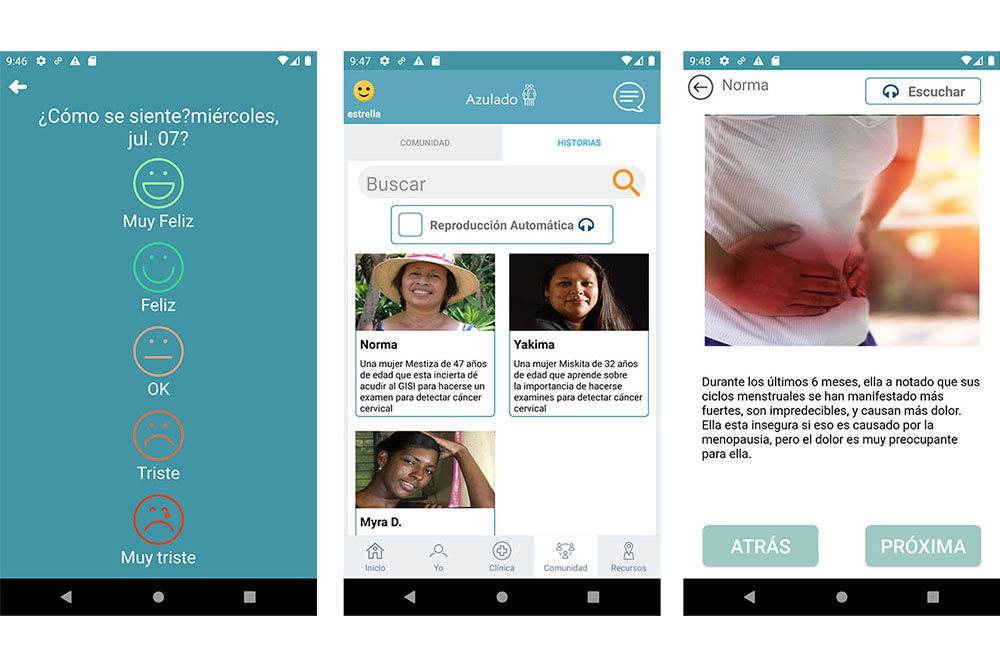 Several screenshots from the Azulado app, developed by Emma Mitchell and Becca Dillingham, which aims to reduce lost to follow up among women with HPV positive tests and early cervical cancer.