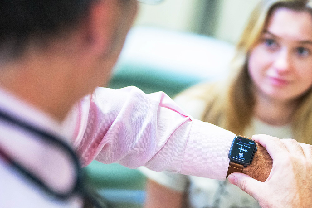 CommSense smartwatch prototype created by Virginia LeBaron and team that scores clinicians' conversations.