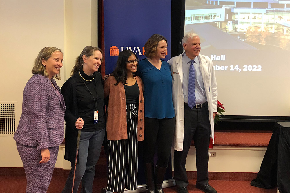 Christine Connelly and BSN student Neha Jain and UVA Health leaders at a December 2022 UVA Health town hall.