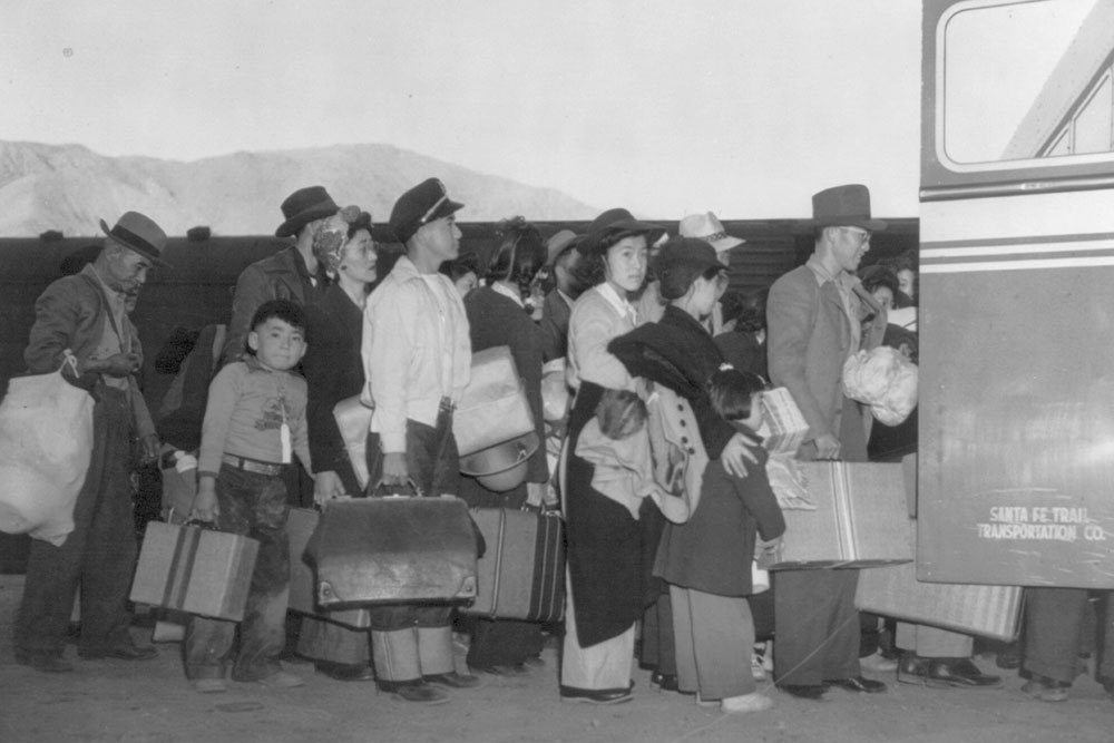 Japanese American relocation bus, courtesy of the Library of Congress