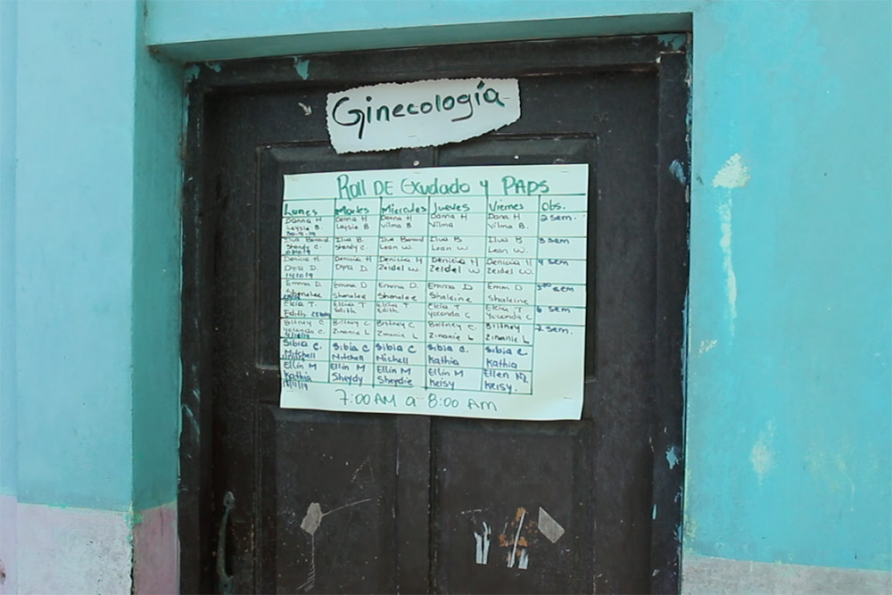 An image of the door of the gynecologic clinic in a Pearl Lagoon, Nicaragua, nursing clinic.