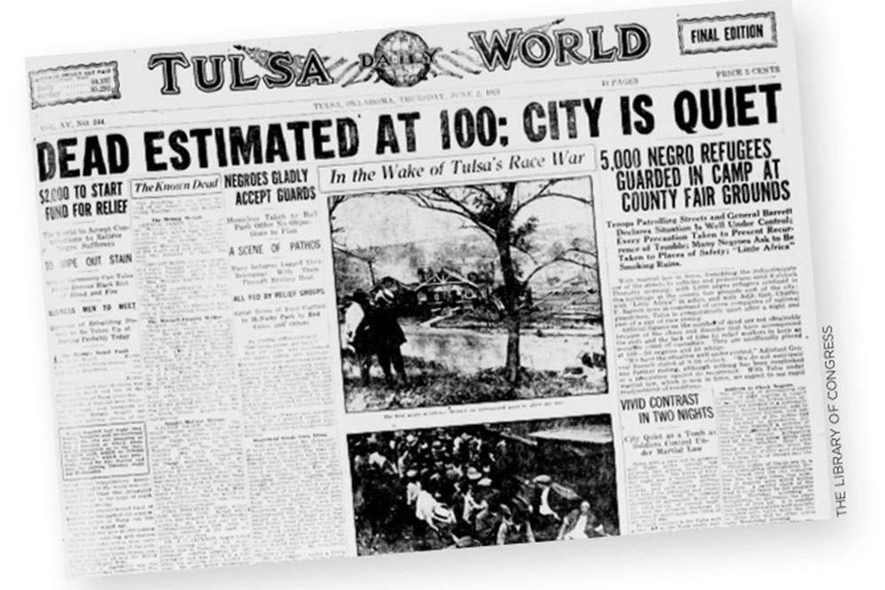A 1921 issue of the Tulsa Daily World with a front-page story on the Tulsa Massacre of the black community of Greenwood, a suburb.