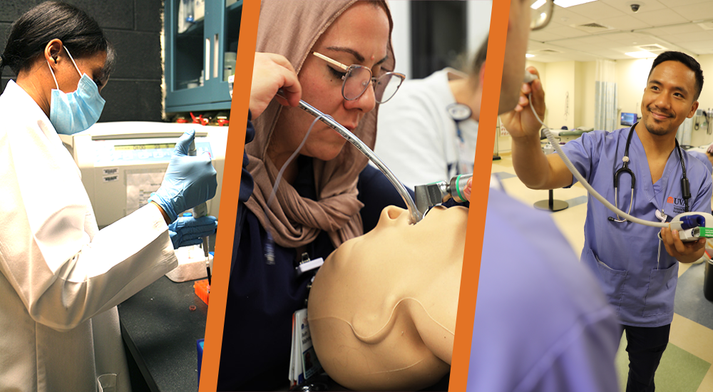 Nursing PhD student with a syringe in a laboratory, APRN student practicing intubation on a mannequin, and CNL student taking temperature.