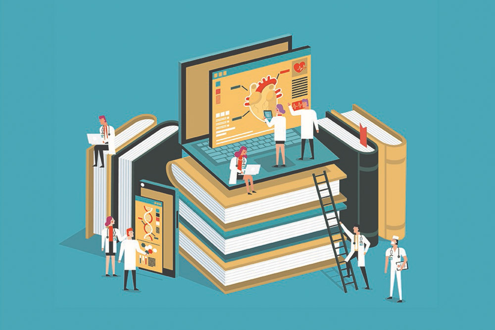 A graphic with images of clinicians climbing up on a stack of books.