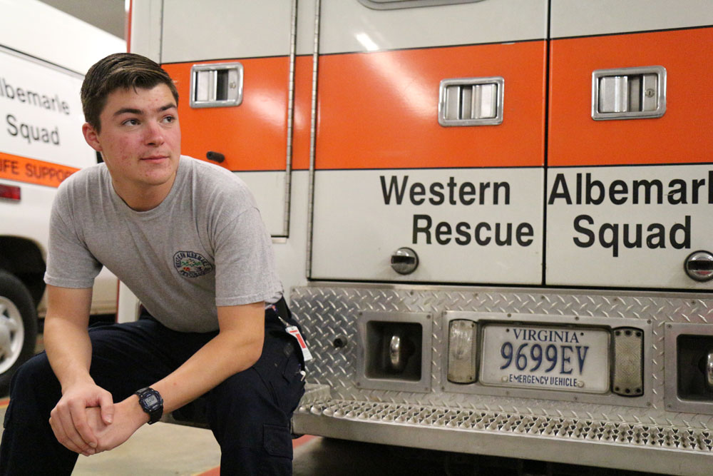 BSN student Ryan Thomas at the Western Albemarle Rescue Squad ambulance.