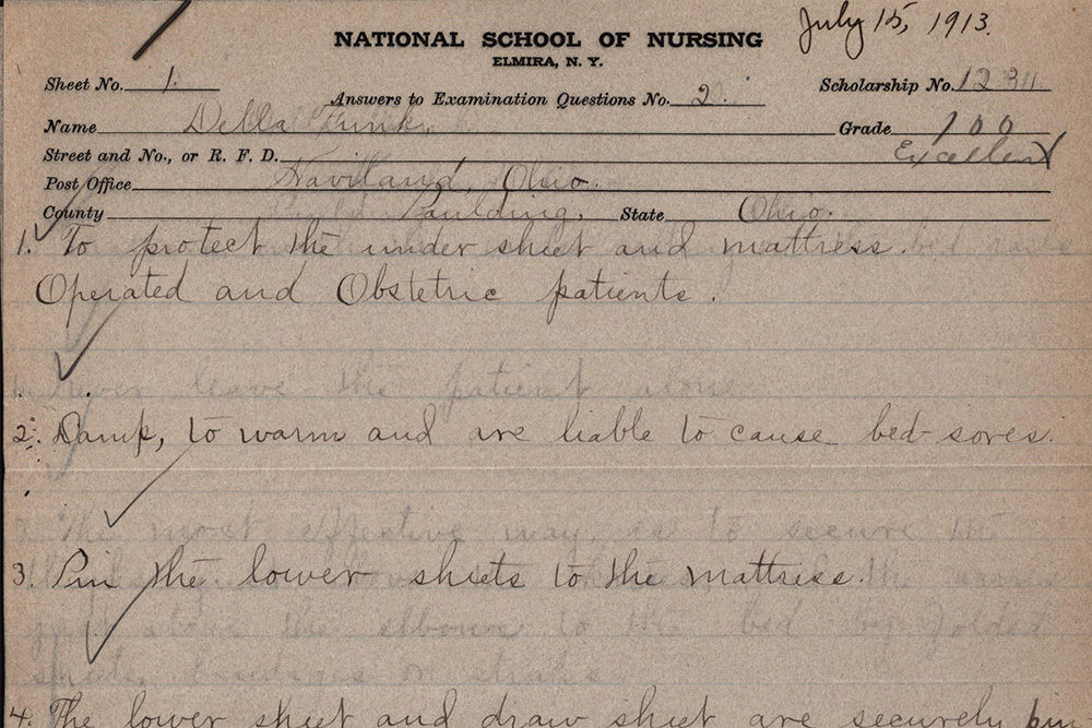 A nursing student's exam answers to a bed-making test.