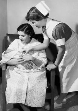 A student nurse attends to a new mother and baby.	Eleanor Crowder Bjoring Center for Nursing Historical Inquiry, University of Virginia School of Nursing. Ralph Thompson, Photographer.