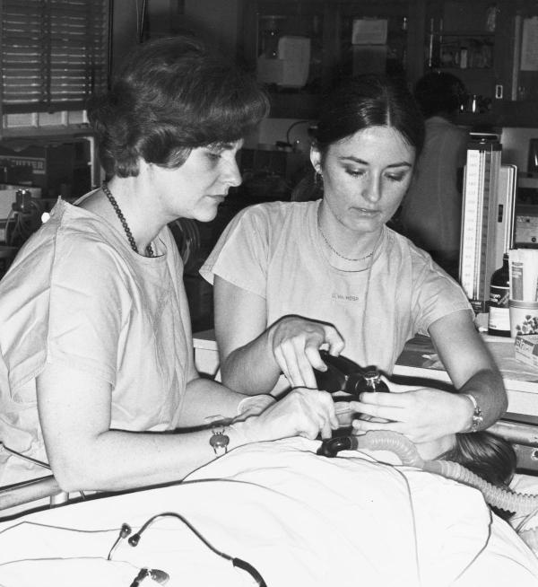 Medical-Surgical MSN clinical training, 1970s.	Susan Lynch, MSN 1978 & Donna Lambert, MSN 1979. Eleanor Crowder Bjoring Center for Nursing Historical Inquiry, University of Virginia School of Nursing.