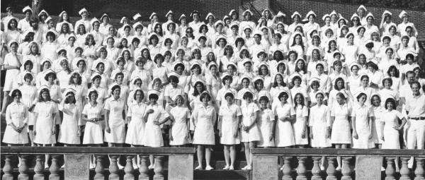 The increasing popularity of U.Va's nursing program led to large classes by the late 1970s.	BSN Class of 1977. Eleanor Crowder Bjoring Center for Nursing Historical Inquiry, University of Virginia School of Nursing.