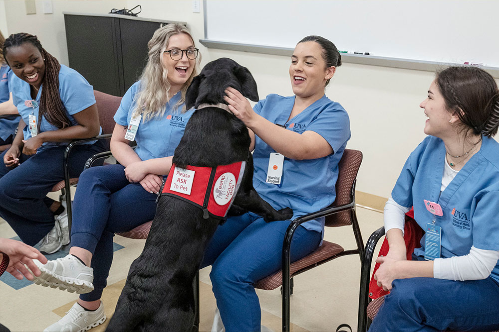 A therapy dog greets a nursing student at the Starr Hill Pathways program