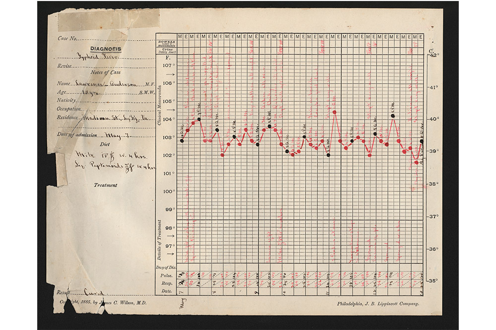 A typhoid fever chart of a pediatric patient in the 1880s, from the Bjoring Center archives.