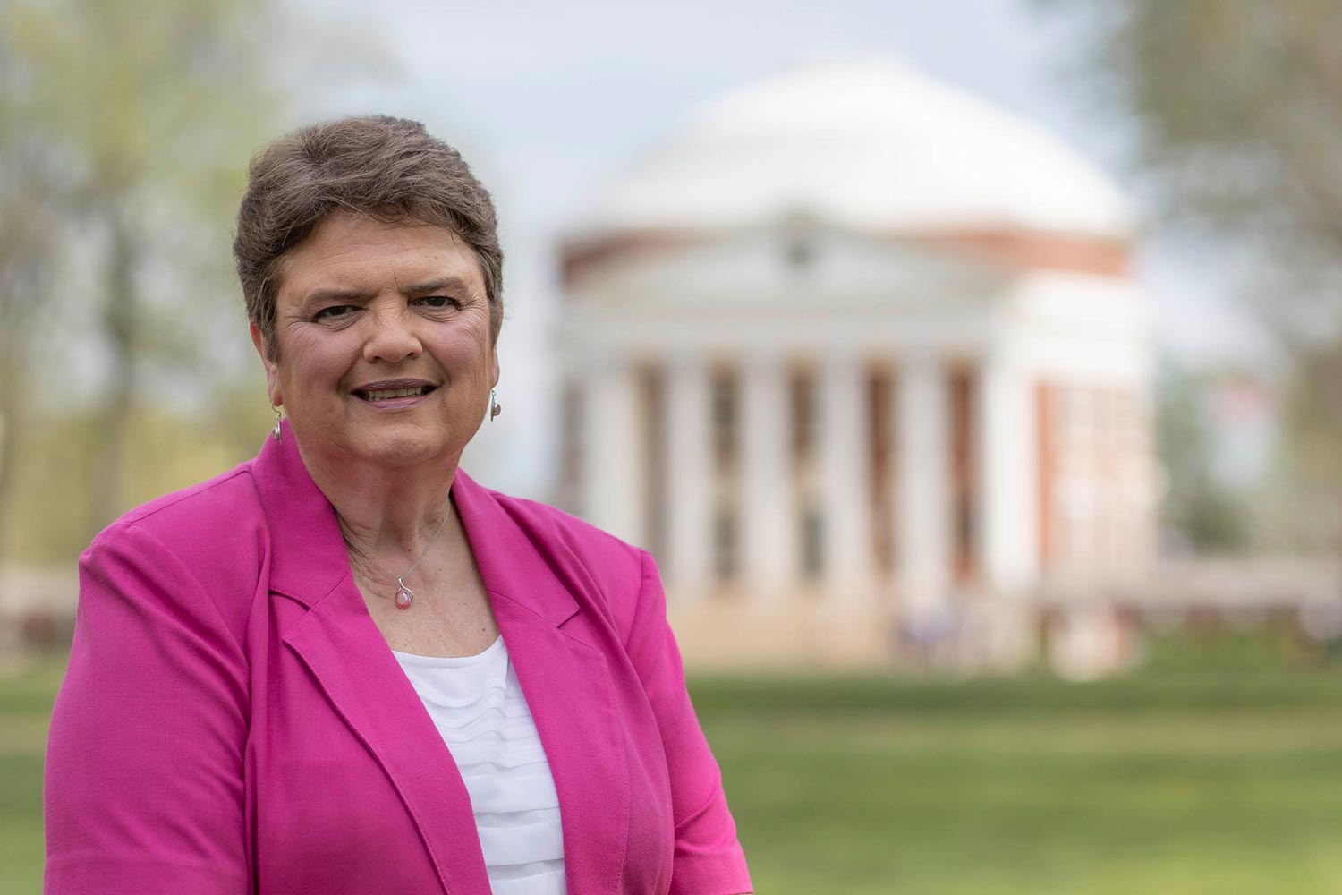 School of Nursing professor Vickie Southall poses with UVA rotunda in background